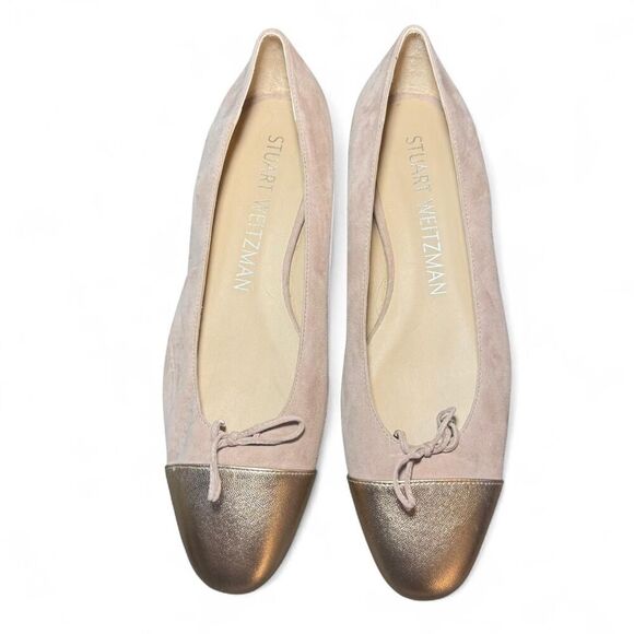 Stuart Weitzman Women’s Sleek Metallic Cap Nude Suede Toe Bow Ballet Flat 10.5 - Picture 3 of 8
